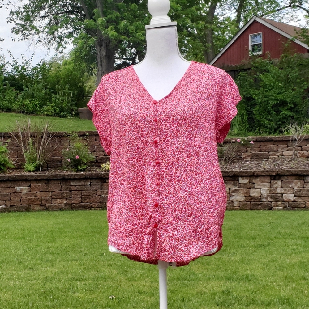 Liz Claiborne Red White Floral Print Tie Front Blouse XL